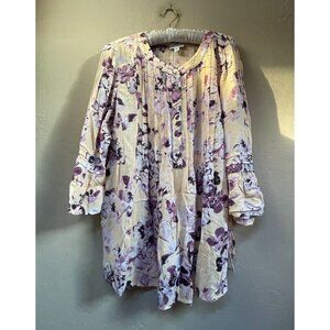 J. Jill Yellow Purple Floral Long Sleeve Pleated Popover Blouse Medium Petite